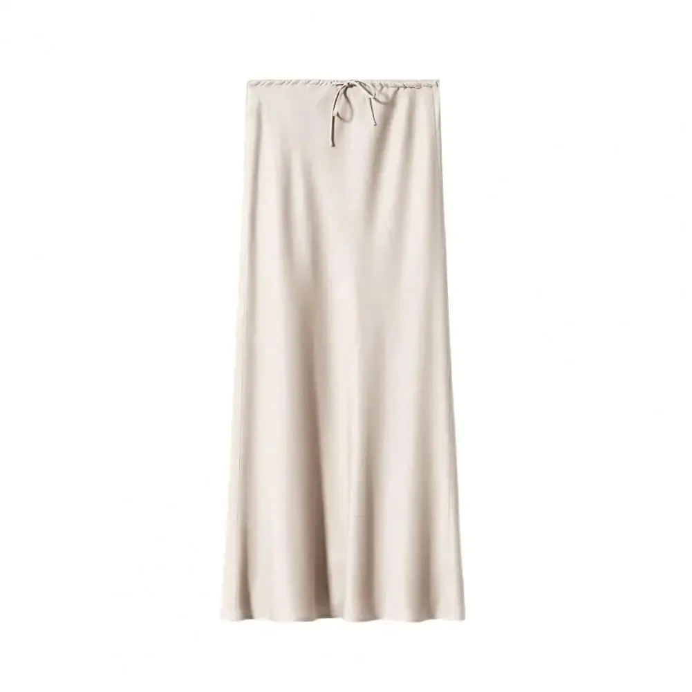 Women High-waisted Long Skirt Elegant Silky Satin High Waist Maxi Skirt for Women Ankle Length A-line Style with Drawstring