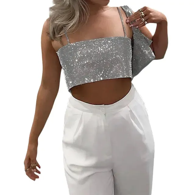 Women Sexy Crop Top Backless Bling Metallic Sequin
