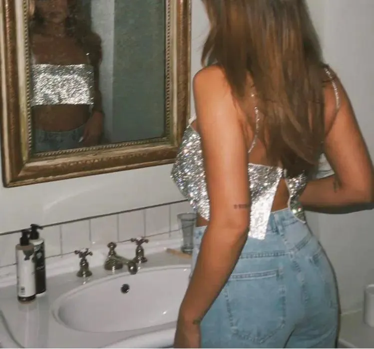 Women Sexy Gothic Crop Top Backless Bling Metallic Sequin