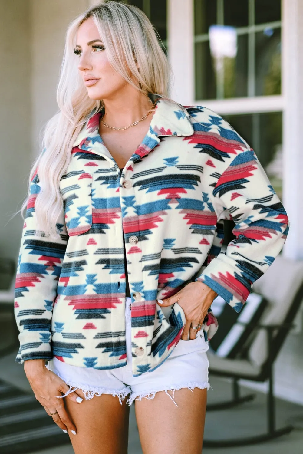 Women's Fleece Western Print Button-up Turn Down Collar