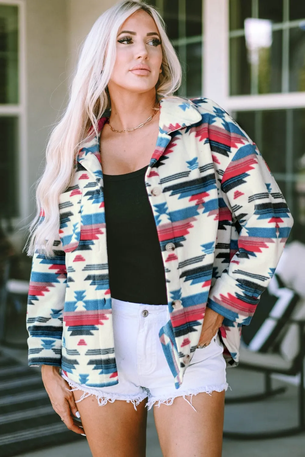 Women's Fleece Western Print Button-up Turn Down Collar