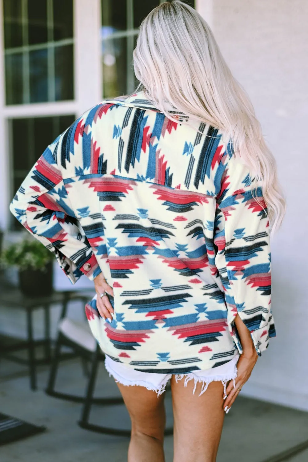 Women's Fleece Western Print Button-up Turn Down Collar