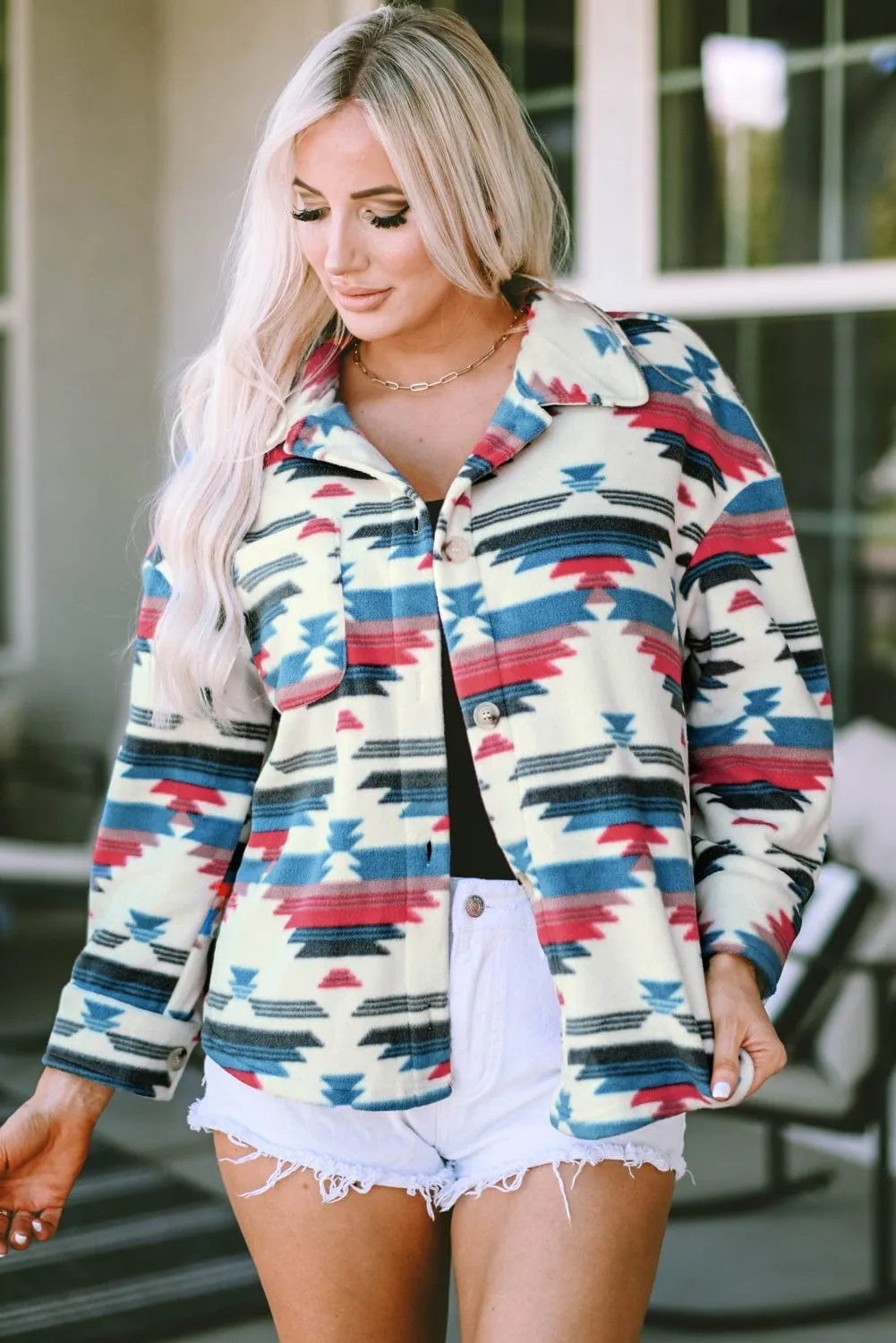 Women's Fleece Western Print Button-up Turn Down Collar