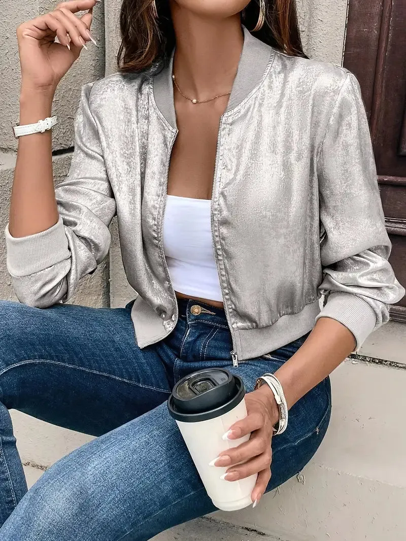 Women's Metallic Bomber Jacket - Elegant Zip-Up with Baseball Collar for Everyday Comfort