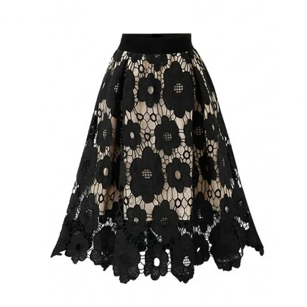 Women's Skirt High Elastic Waist Hollow Floral Lace A-Line Large Hem Women's Commuting Party Long Skirt