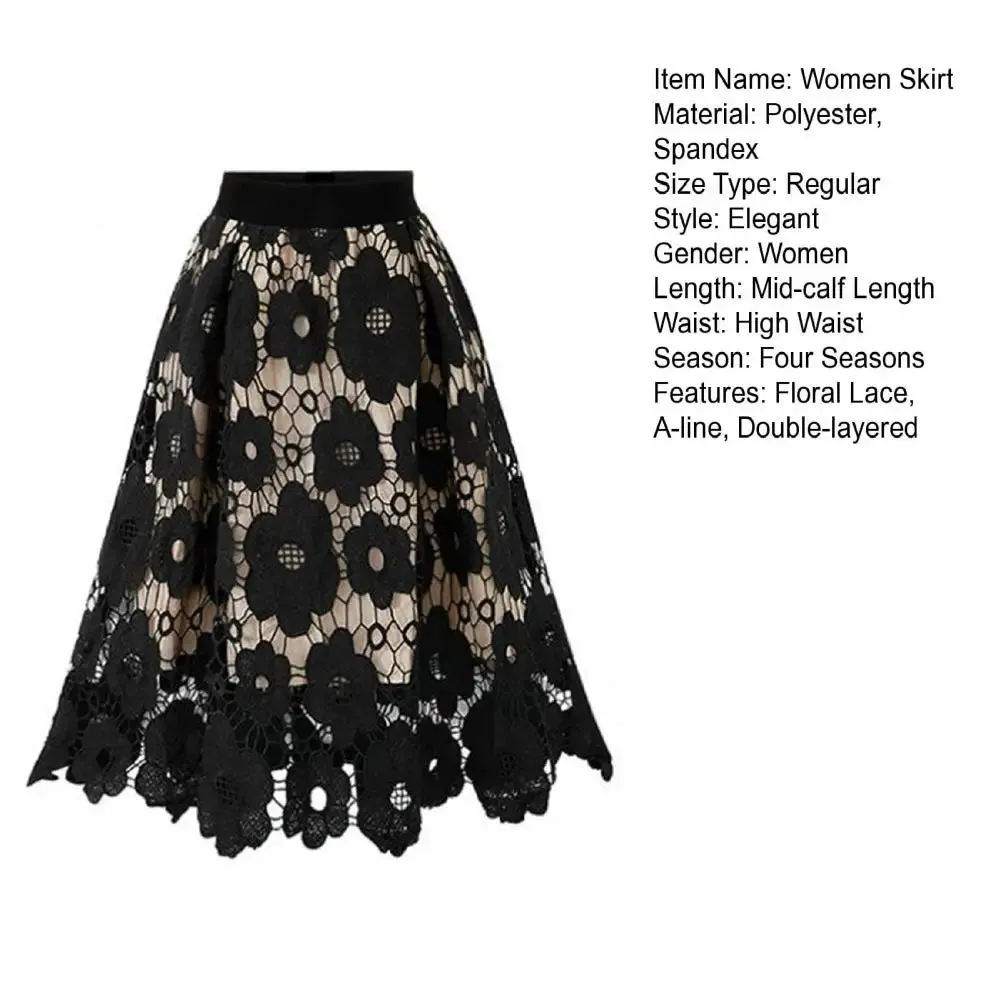 Women's Skirt High Elastic Waist Hollow Floral Lace A-Line Large Hem Women's Commuting Party Long Skirt