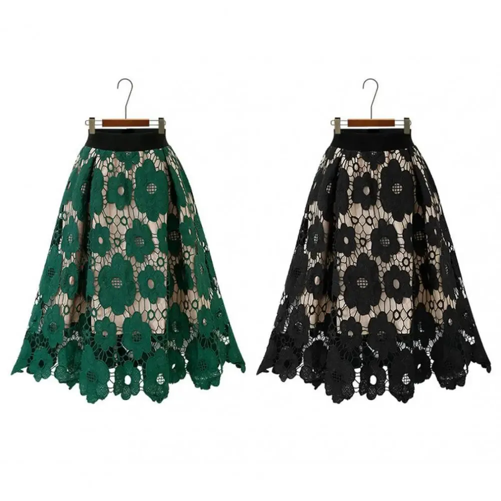 Women's Skirt High Elastic Waist Hollow Floral Lace A-Line Large Hem Women's Commuting Party Long Skirt
