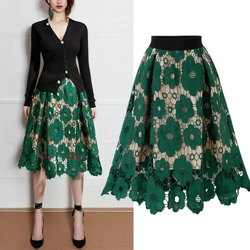 Women's Skirt High Elastic Waist Hollow Floral Lace A-Line Large Hem Women's Commuting Party Long Skirt