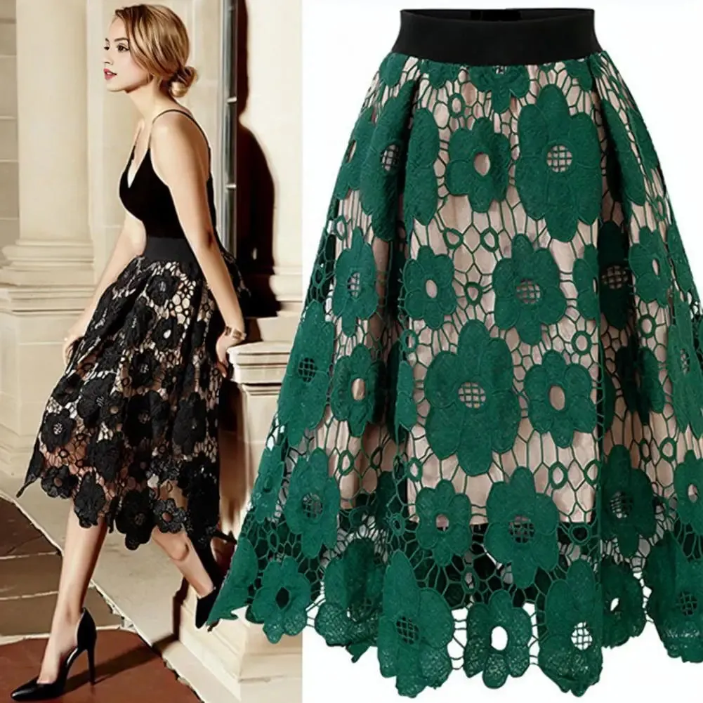 Women's Skirt High Elastic Waist Hollow Floral Lace A-Line Large Hem Women's Commuting Party Long Skirt