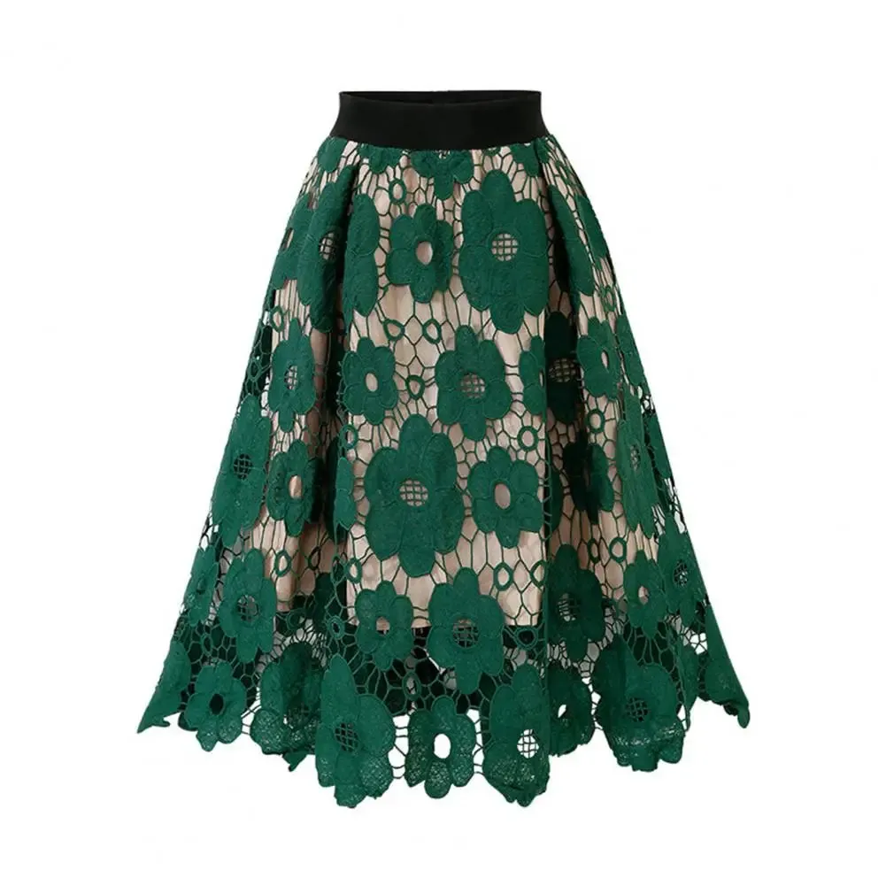 Women's Skirt High Elastic Waist Hollow Floral Lace A-Line Large Hem Women's Commuting Party Long Skirt