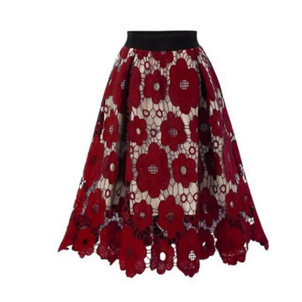 Women's Skirt High Elastic Waist Hollow Floral Lace A-Line Large Hem Women's Commuting Party Long Skirt