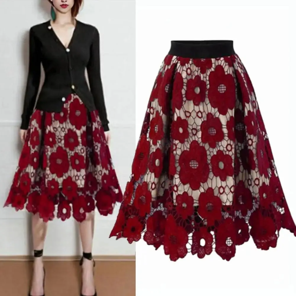 Women's Skirt High Elastic Waist Hollow Floral Lace A-Line Large Hem Women's Commuting Party Long Skirt
