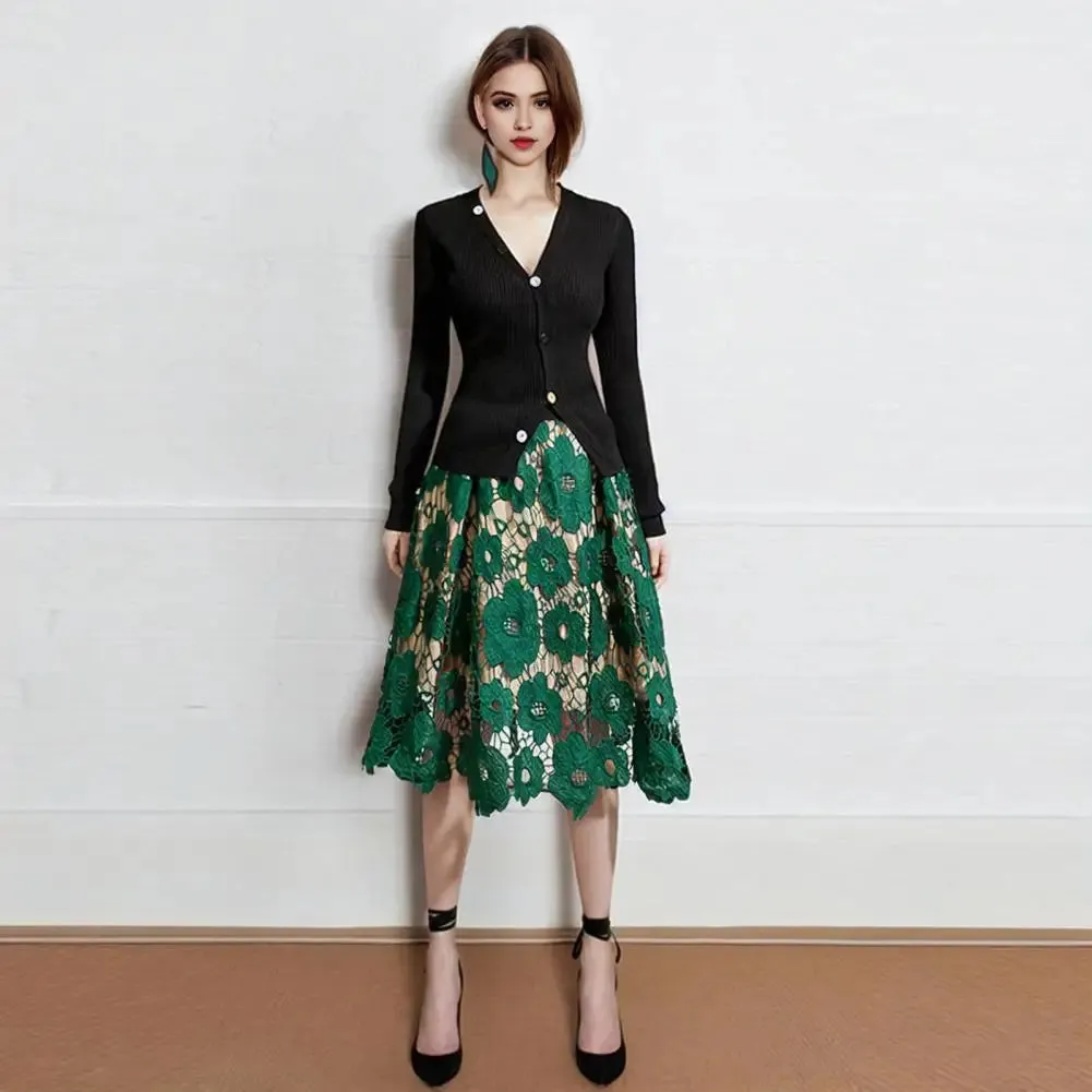 Women's Skirt High Elastic Waist Hollow Floral Lace A-Line Large Hem Women's Commuting Party Long Skirt