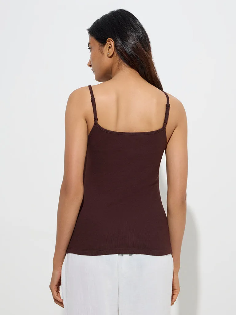Wunderlove Brown Ribbed Textured Cotton-Blend Camisole
