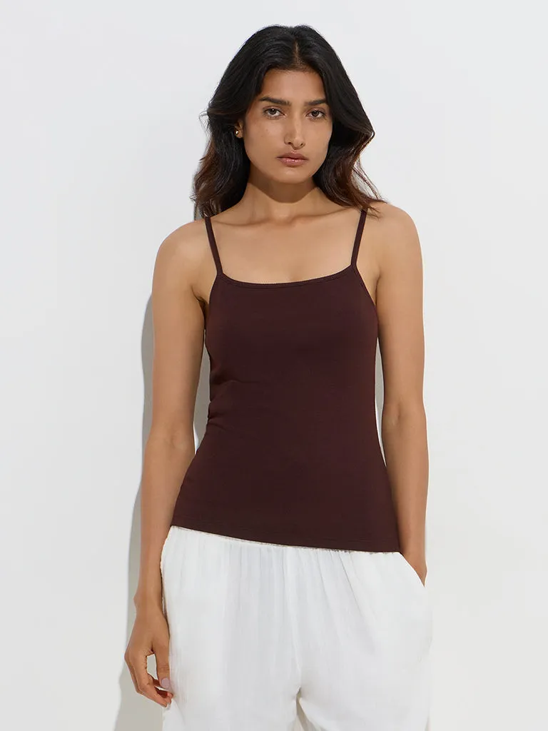 Wunderlove Brown Ribbed Textured Cotton-Blend Camisole