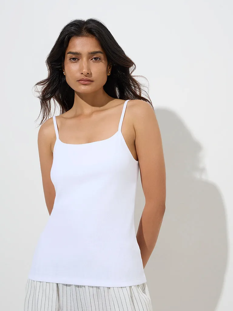 Wunderlove White Ribbed Textured Cotton-Blend Camisole